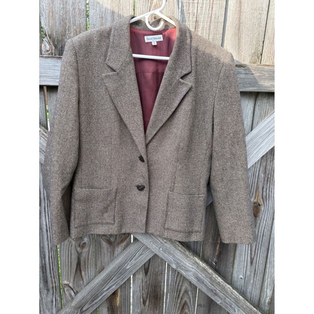 David Brooks Vintage Herringbone Tweed Blazer Brown Wool Blend Made in USA 16
